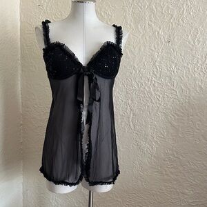 Victoria’s Secret Sexy Little Things Sheer Black Ruffle Flyaway Negligee 36C